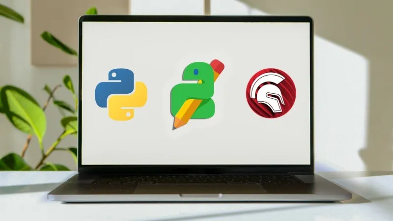 Image of a laptop with the Python and PyScripter logos