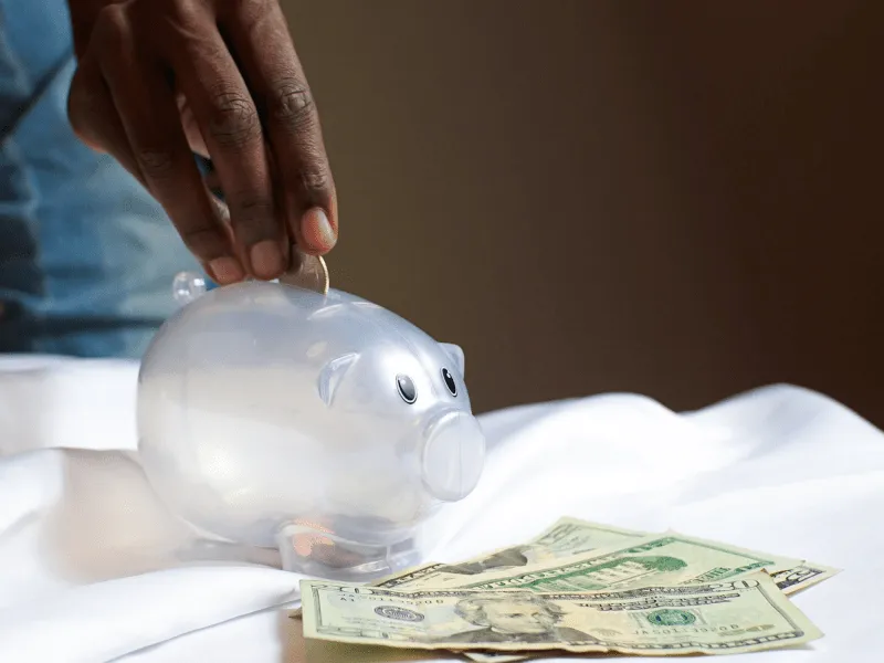 Image of hand depositing a coin into a piggy bank