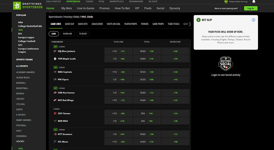 NHL game lines overview at DraftKings Sportsbook. 