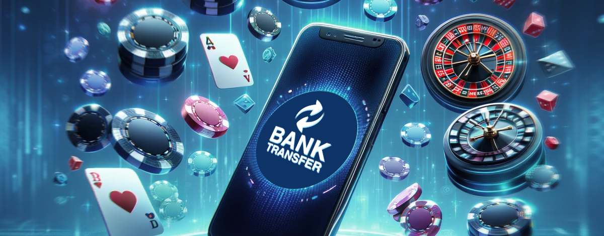 Bank transfer on a mobile phone surrounded by roulette wheels, cards, and casino chips