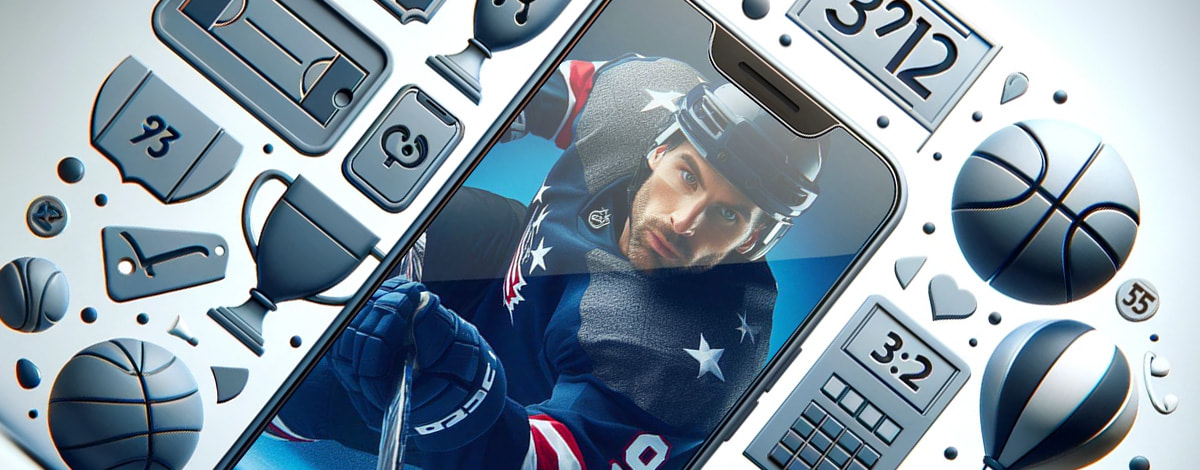 A smartphone displaying an ice hockey player surrounded by betting related icons
