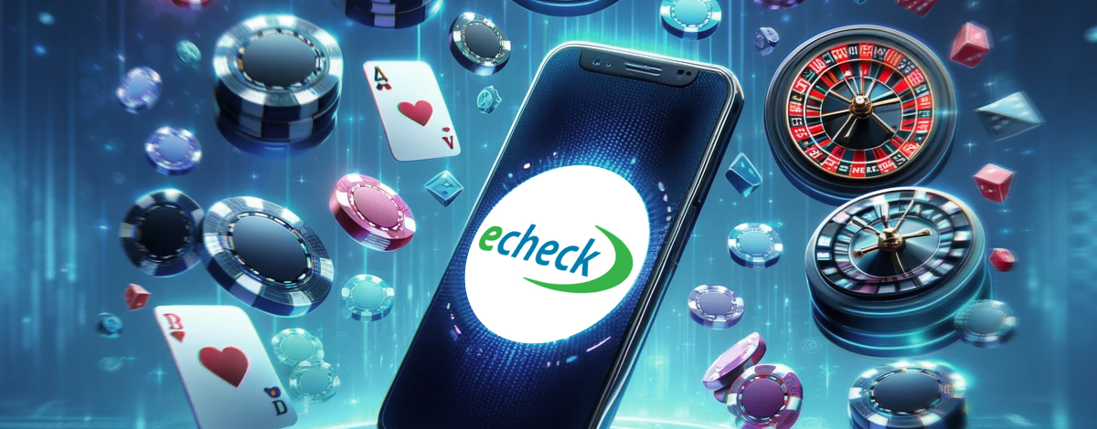 eCheck online casino on a smartphone, surrounded by cards, roulette wheels, and chips