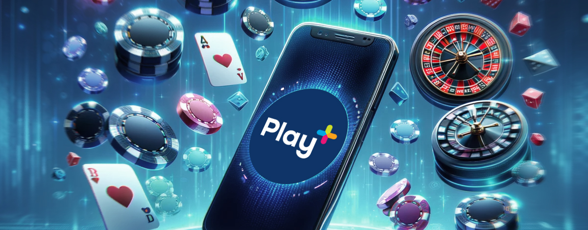 Play+ on a mobile phone surrounded by roulette wheels, cards, and casino chips