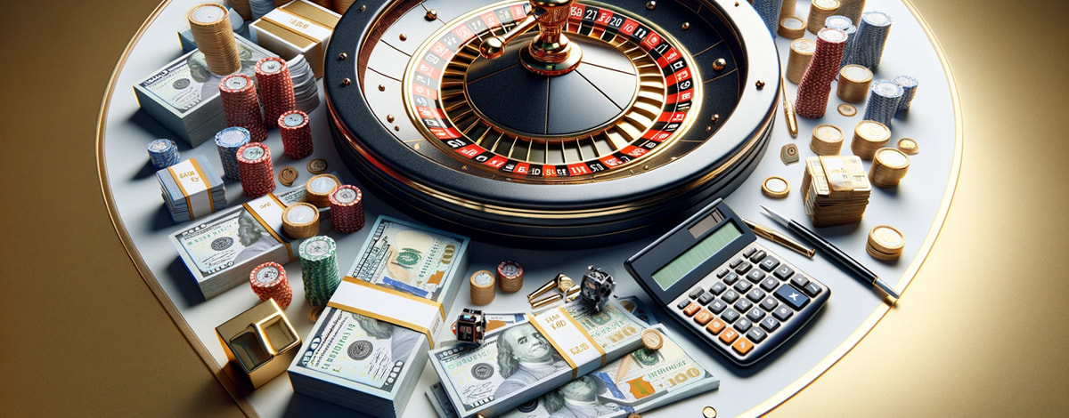 A roulette wheel surrounded by money, casino chips and other casino imagery.