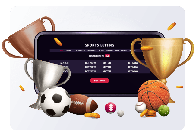 Online sports betting with trophies, gold coins and various sports balls.