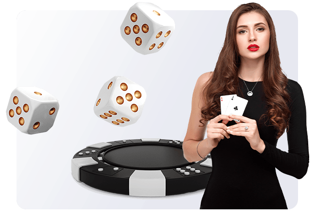 Three dice, a casino chip and a female dealer holding two playing cards