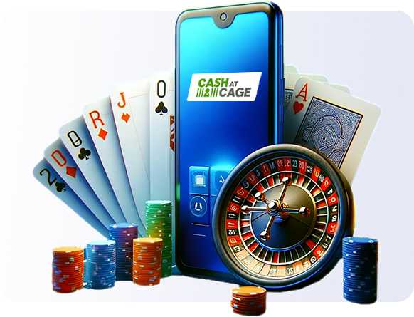 Cash at Cage logo on a phone screen, surrounded by online casino imagery