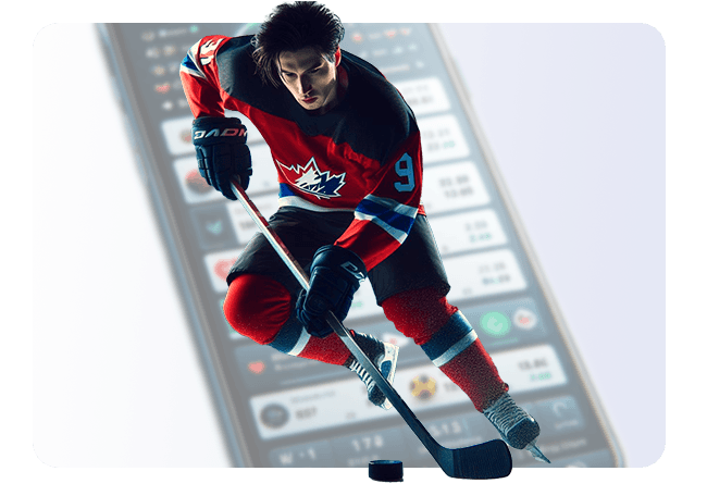 Canadian ice hockey player with a sports betting app in the background