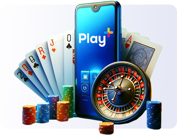 Play+ app on a phone, surrounded by online casino imagery