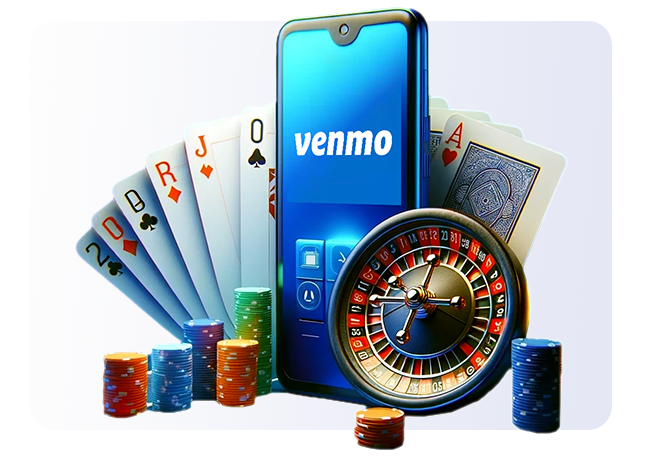 Venmo app on a phone, surrounded by online casino imagery