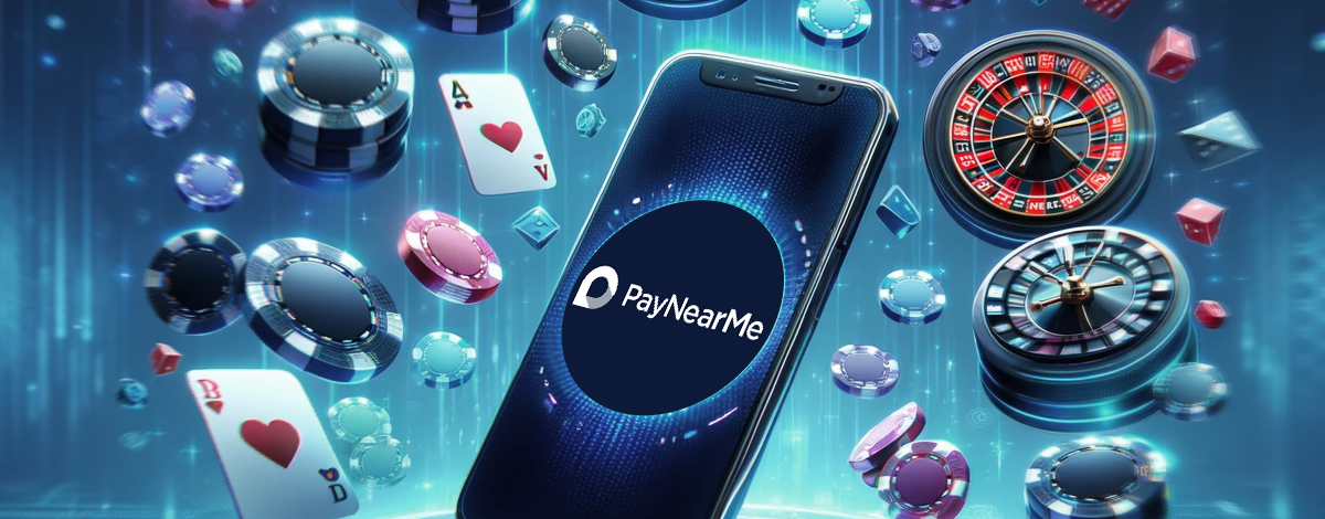 PayNearMe on a mobile phone surrounded by roulette wheels, cards, and casino chips